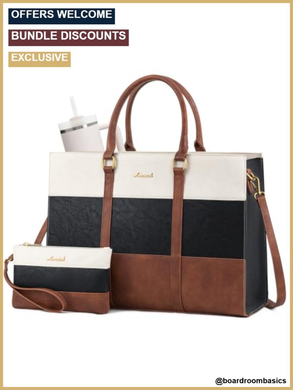 Vintage Leather Laptop Tote Bag, 15.6 Inch Waterproof Computer Bag with Clutch